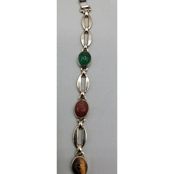 14k W. E. Richards Co. Symmetalic Sterling & Scarab Bracelet 6" Gemstones 1940s - Picture 11 of 15